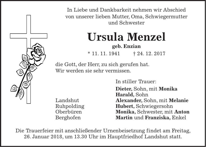 Traueranzeige Ursula Menzel