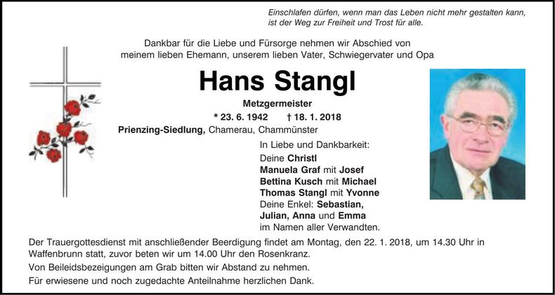 Traueranzeige Hans Stangl
