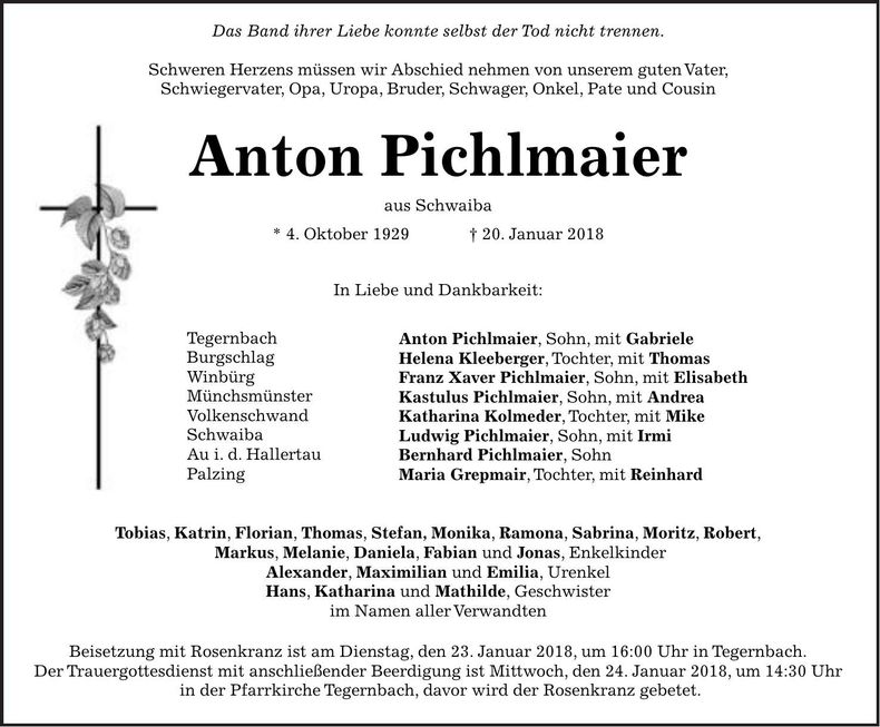 Traueranzeige Anton Pichlmaier