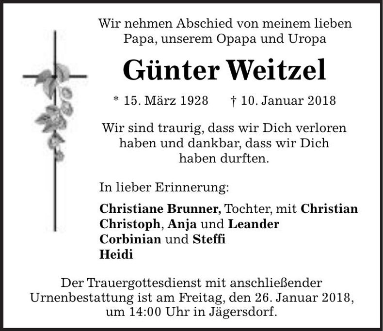 Traueranzeige Günter Weitzel