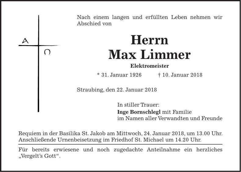 Traueranzeige Max Limmer