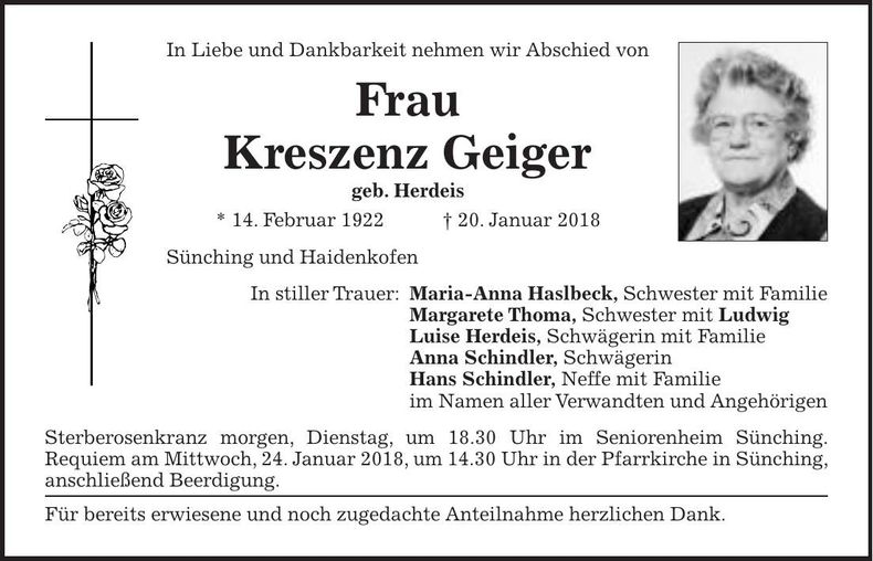 Traueranzeige Kreszenz Geiger