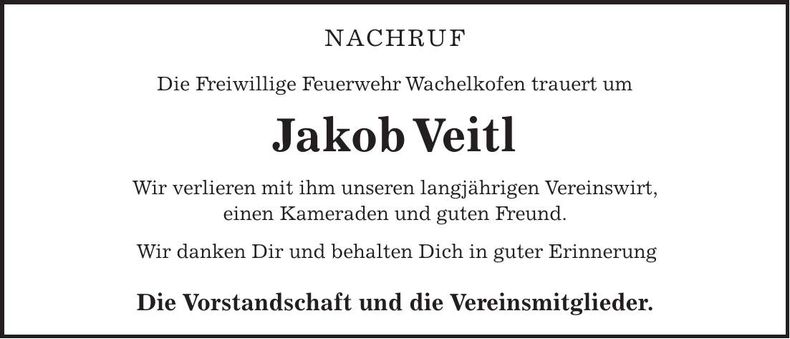 Traueranzeige Jakob Veitl