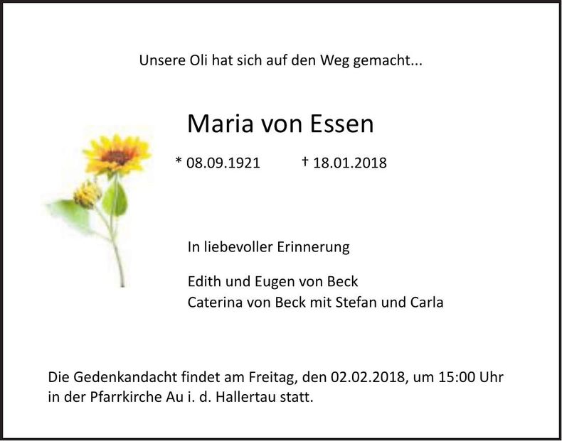 Traueranzeige Maria von Essen