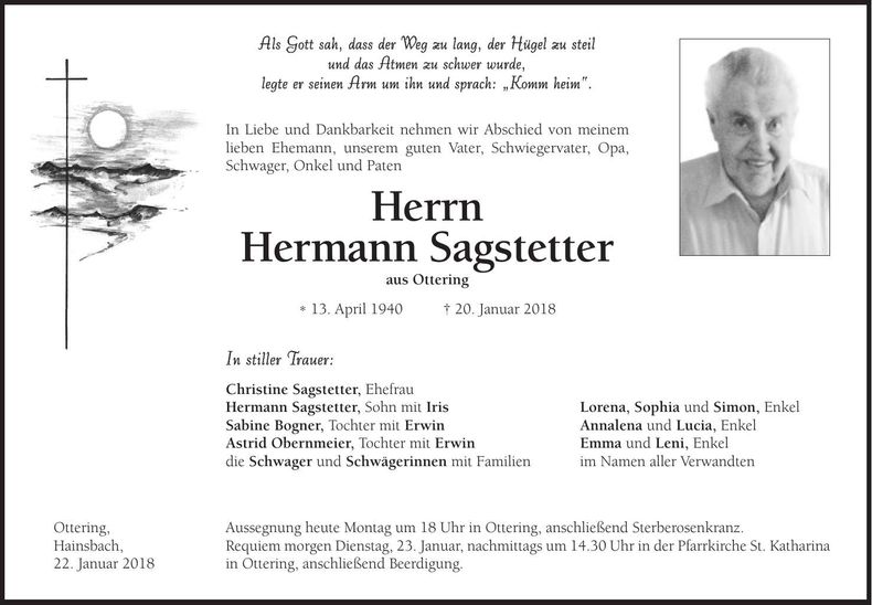 Traueranzeige Hermann Sagstetter