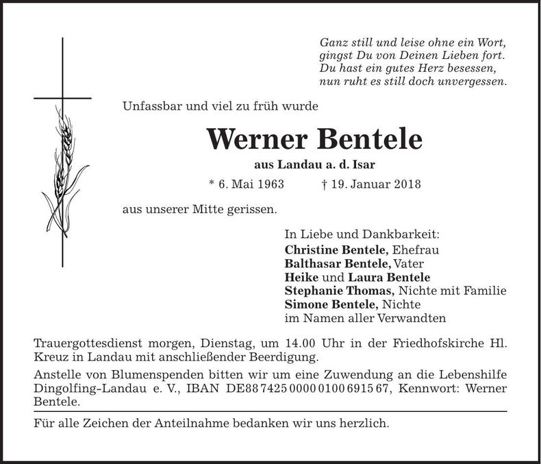 Traueranzeige Werner Bentele
