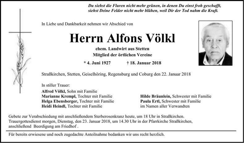 Traueranzeige Alfons Völkl