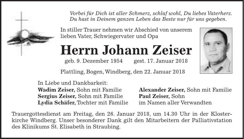 Traueranzeige Johann Zeiser