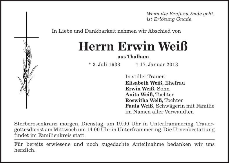Traueranzeige Erwin Weiß