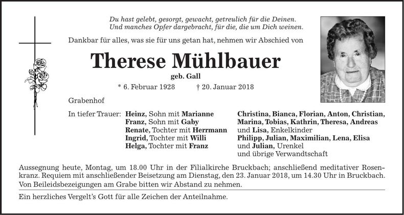Traueranzeige Therese Mühlbauer