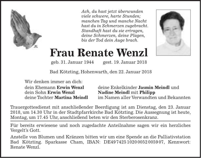 Traueranzeige Renate Wenzl