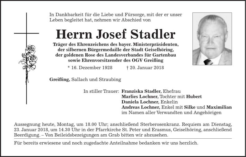 Traueranzeige Josef Stadler