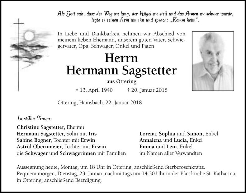 Traueranzeige Hermann Sagstetter