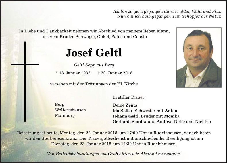 Traueranzeige Josef Geltl