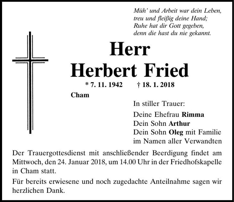 Traueranzeige Herbert Fried