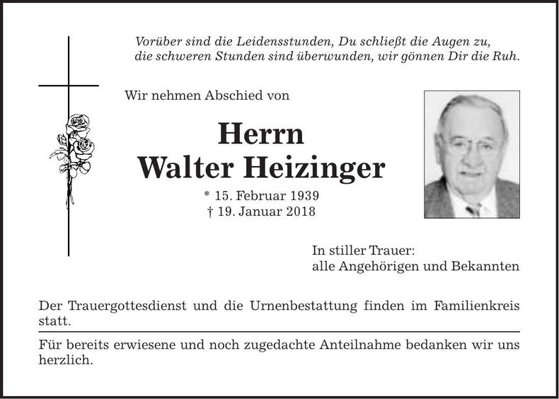 Traueranzeige Walter Heizinger
