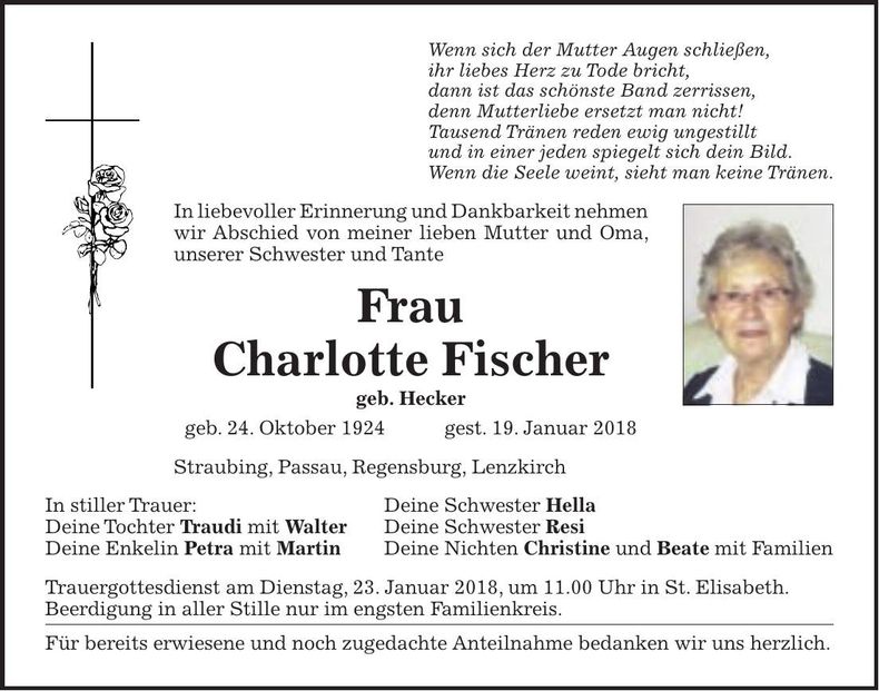Traueranzeige Charlotte Fischer