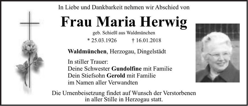 Traueranzeige Maria Herwig