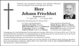 Traueranzeige Johann Frischhut
