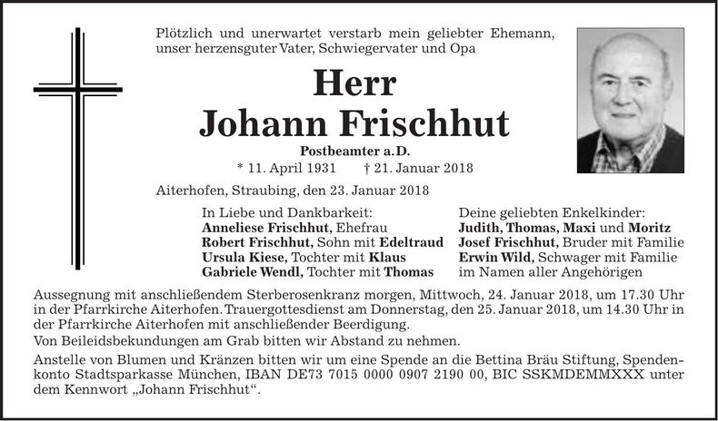 Traueranzeige Johann Frischhut