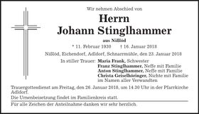 Traueranzeige Johann Stinglhammer