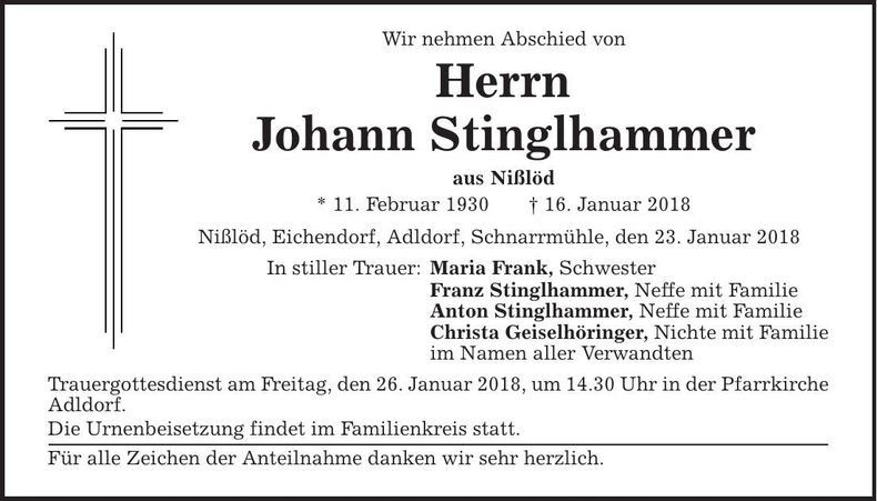 Traueranzeige Johann Stinglhammer