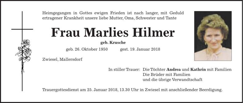 Traueranzeige Marlies Hilmer