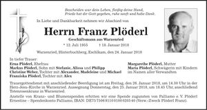 Traueranzeige Franz Plöderl