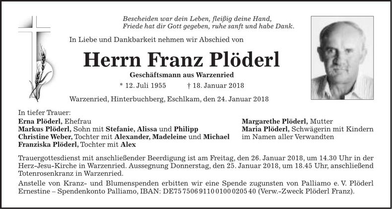 Traueranzeige Franz Plöderl