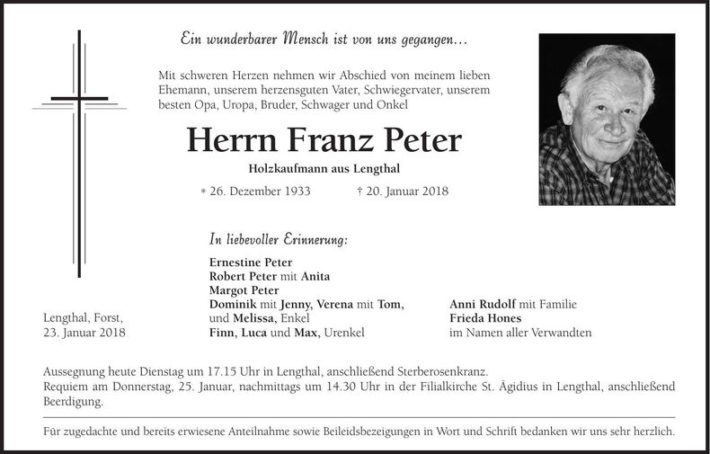 Traueranzeige Franz Peter