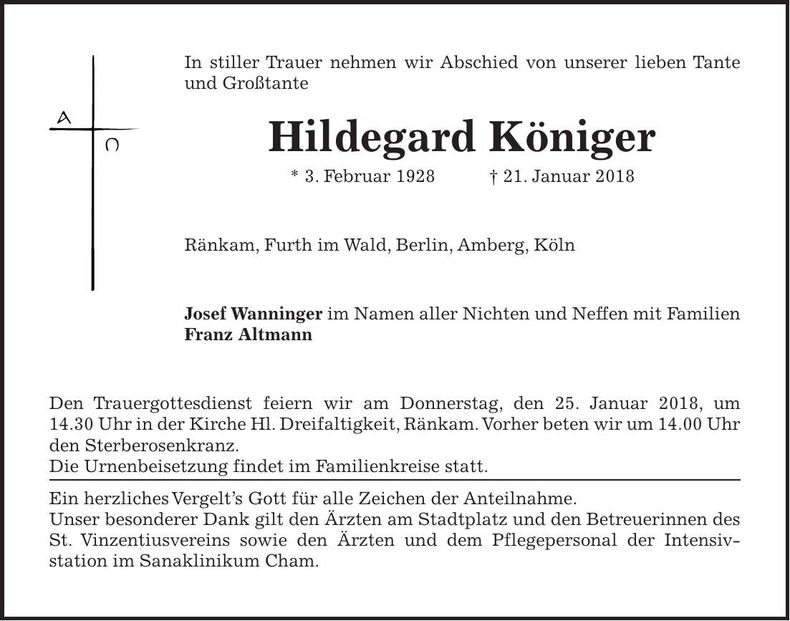 Traueranzeige Hildegard Königer