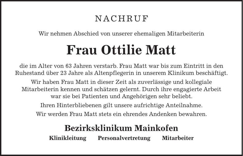 Traueranzeige Ottilie Matt