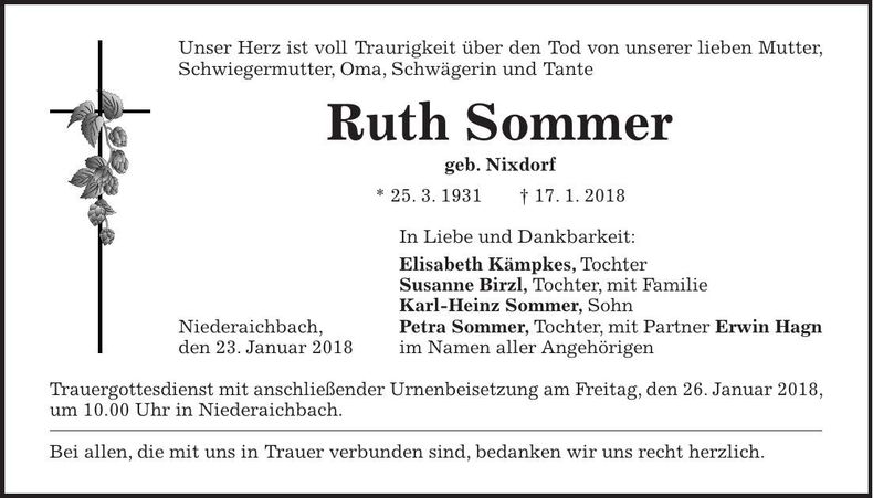 Traueranzeige Ruth Sommer