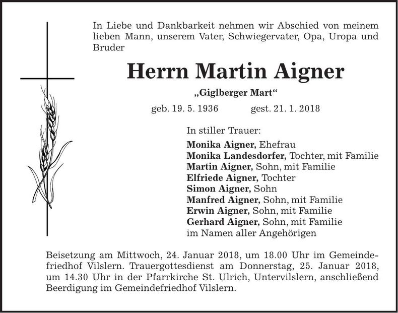 Traueranzeige Martin Aigner