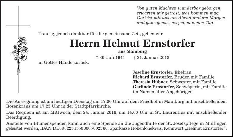 Traueranzeige Helmut Ernstorfer