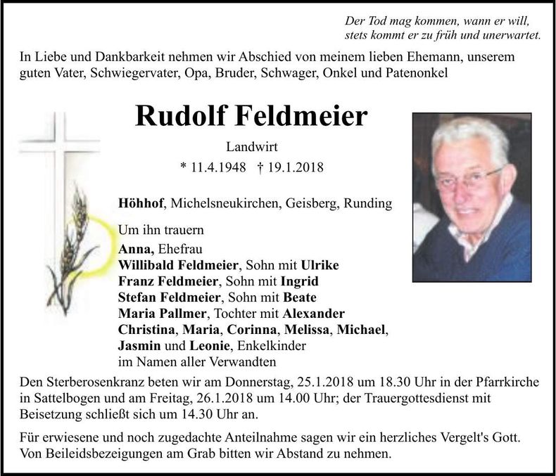 Traueranzeige Rudolf Feldmeier