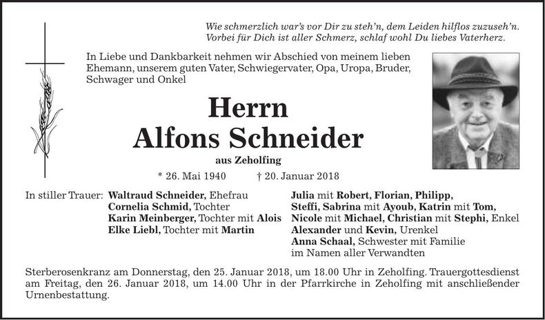 Traueranzeige Alfons Schneider