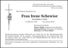 Traueranzeige Irene Schewior