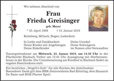 Traueranzeige Frieda Greisinger