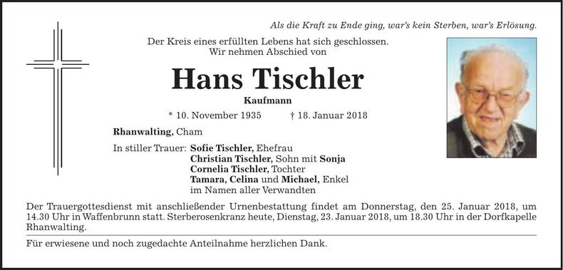 Traueranzeige Hans Tischler