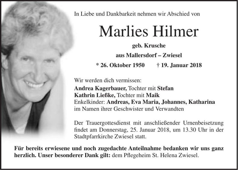 Traueranzeige Marlies Hilmer