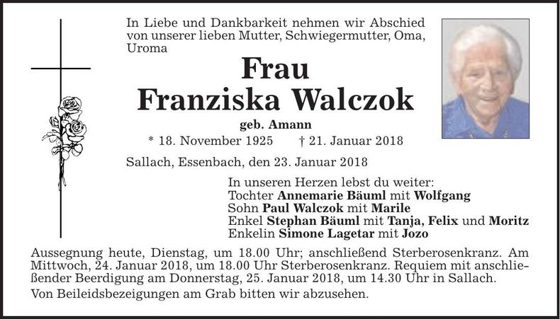 Traueranzeige Franziska Walczok