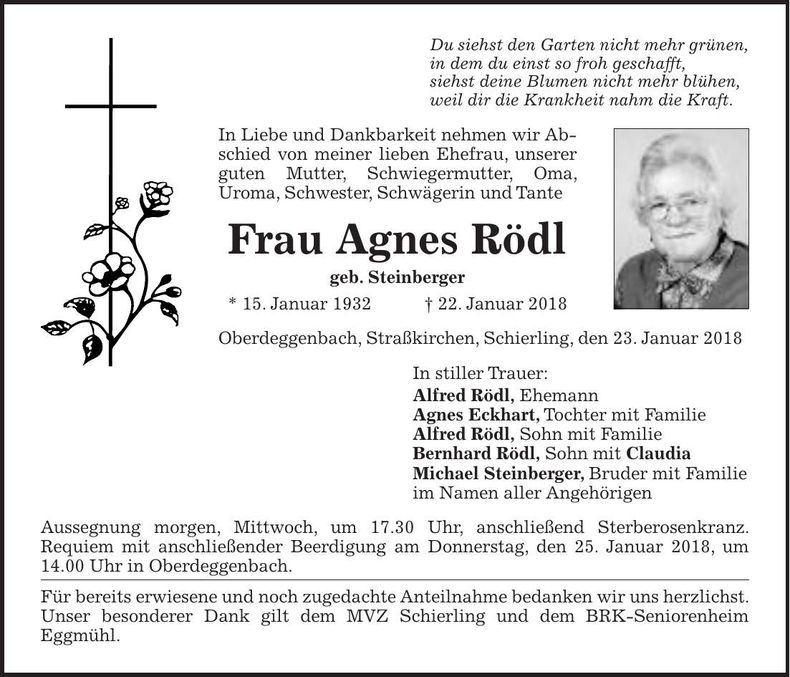Traueranzeige Agnes Rödl
