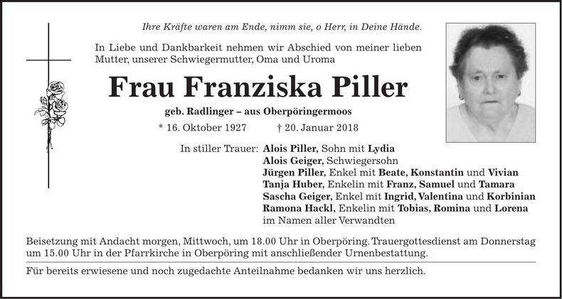 Traueranzeige Franziska Piller