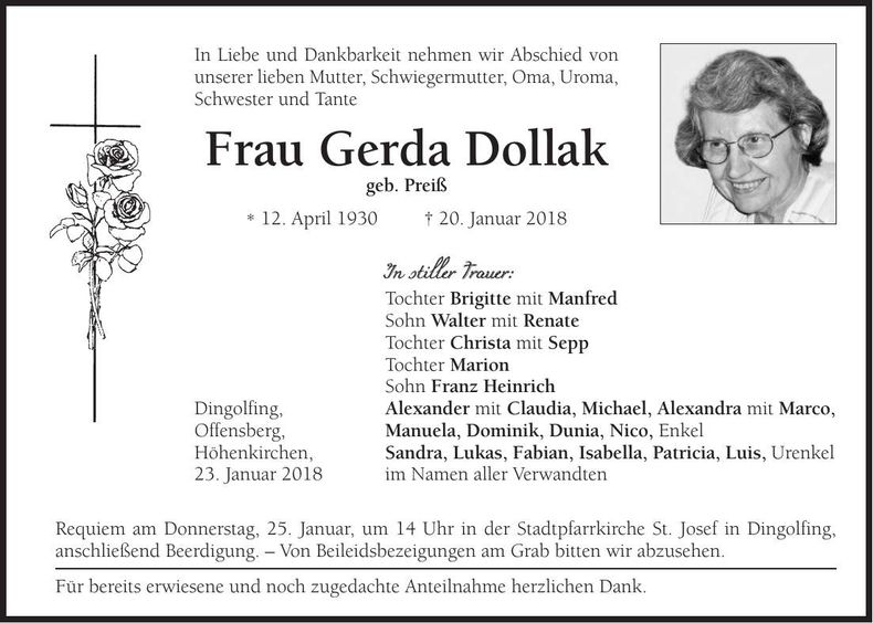 Traueranzeige Gerda Dollak