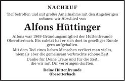 Traueranzeige Alfons Hüttinger