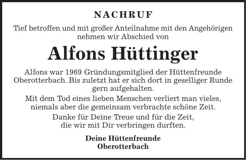 Traueranzeige Alfons Hüttinger