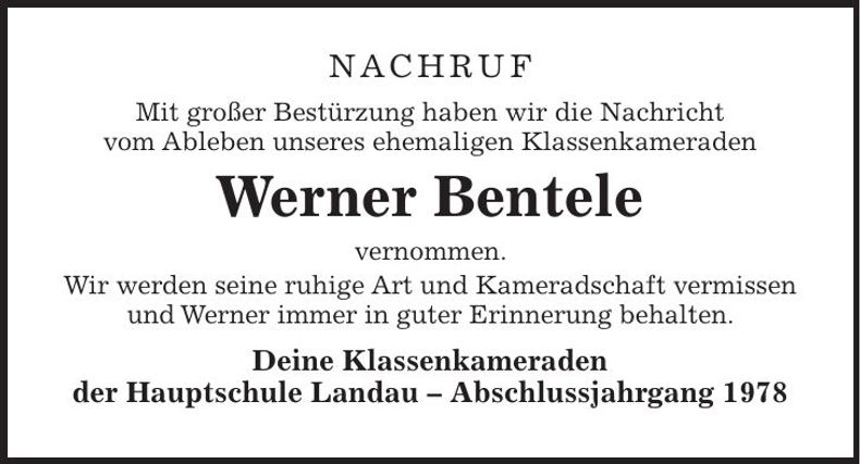 Traueranzeige Werner Bentele