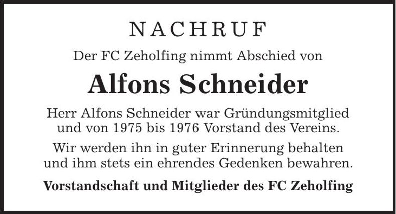 Traueranzeige Alfons Schneider