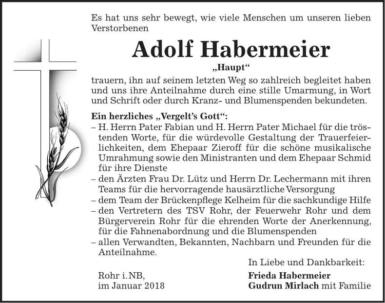 Traueranzeige Adolf Habermeier